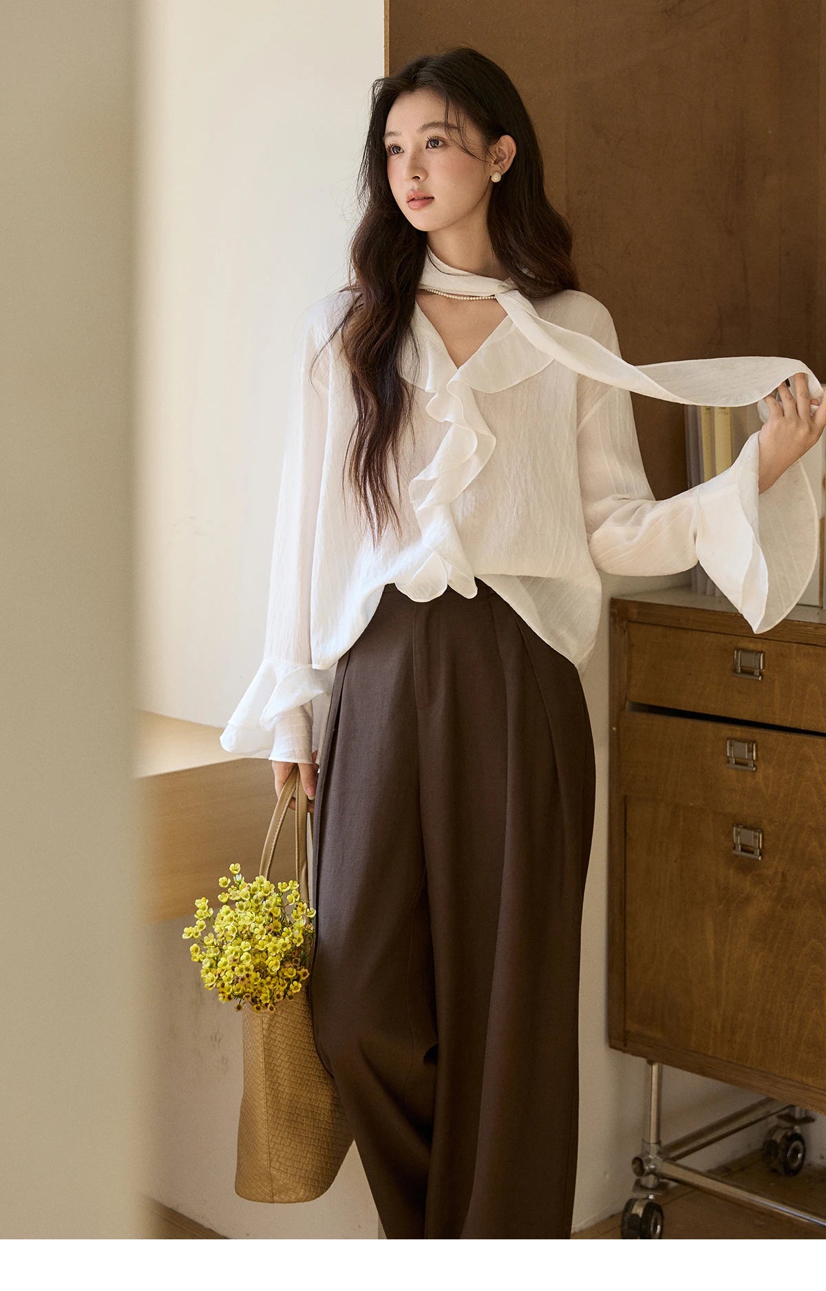 MISHOW Ruffle Trim Chiffon Blouse Detachable Scarf MXF108X0999