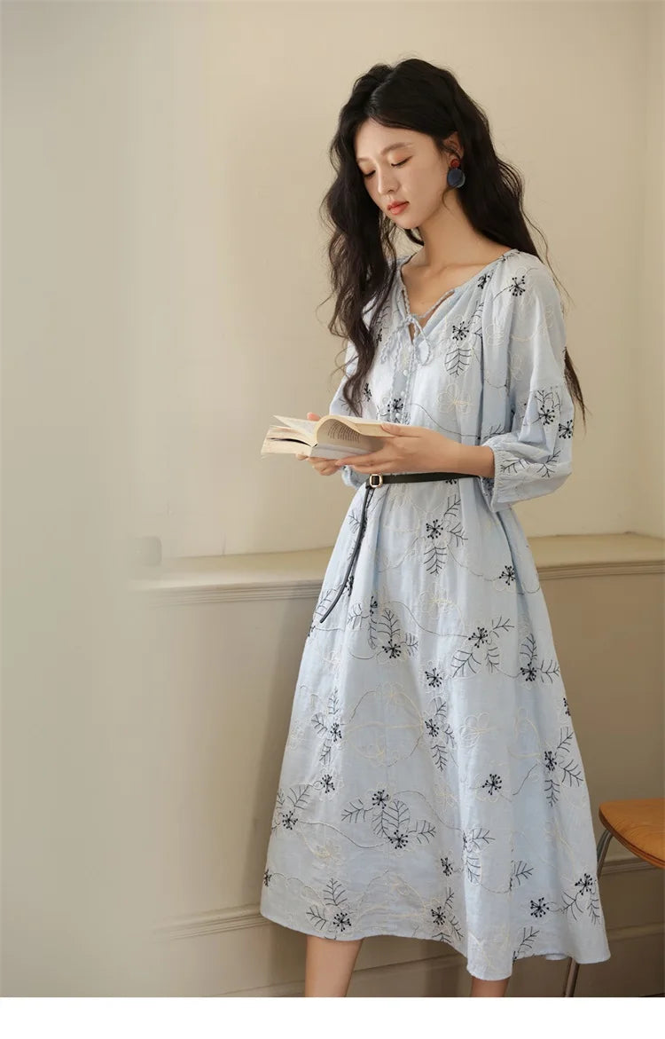 MISHOW Blue Flower Embroidered Lantern Sleeve Dress MXE42L2493