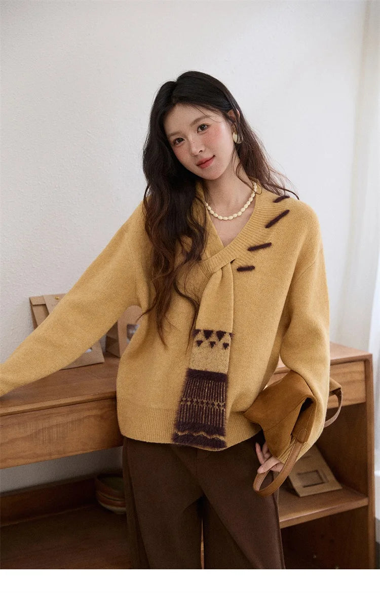 Mishow Yellow V-Neck French Workwear Pullover MXE87Z2771