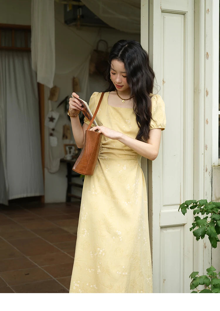 Mishow Square Neck Puff Sleeve Bamboo Jacquard Dress MXE39L2415