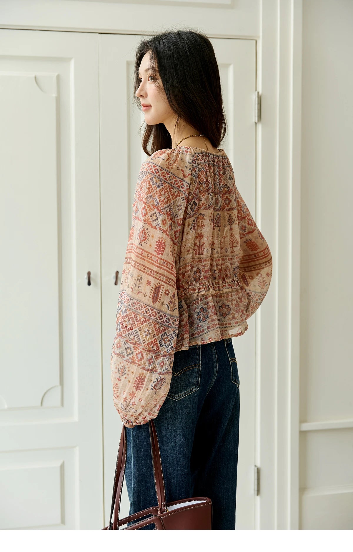 MISHOW National Style Printed Blouse Round Neck Drop Sleeve MXE47X2508