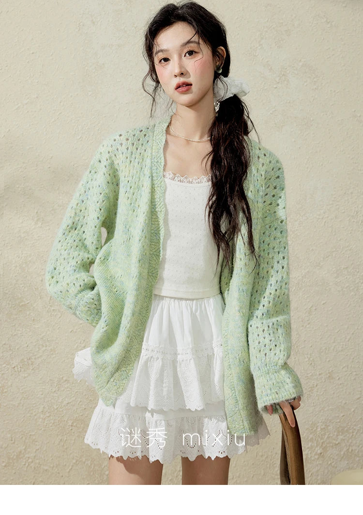 Mishow Green Hollow Out Wave Neck Cardigan MXE12Z1212