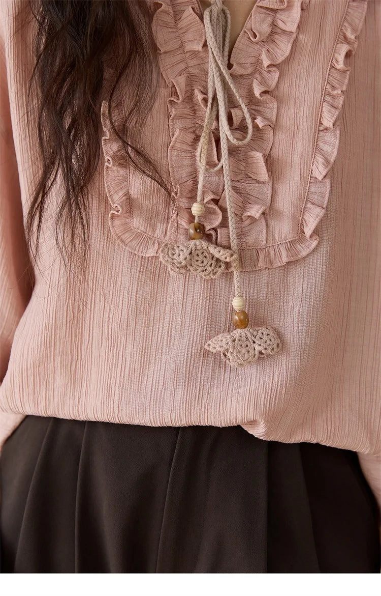 MISHOW Pink Blouse V-Neck Bubble Sleeve Fold Edge MXE45X2485