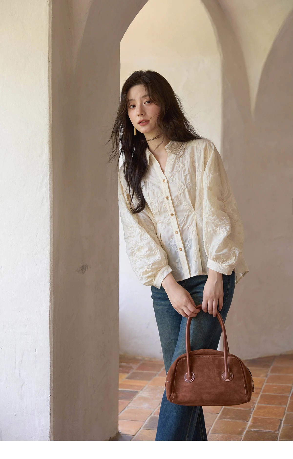 MISHOW French Lace Blouse Lantern Sleeve Ruffle Hem MXE42C2372