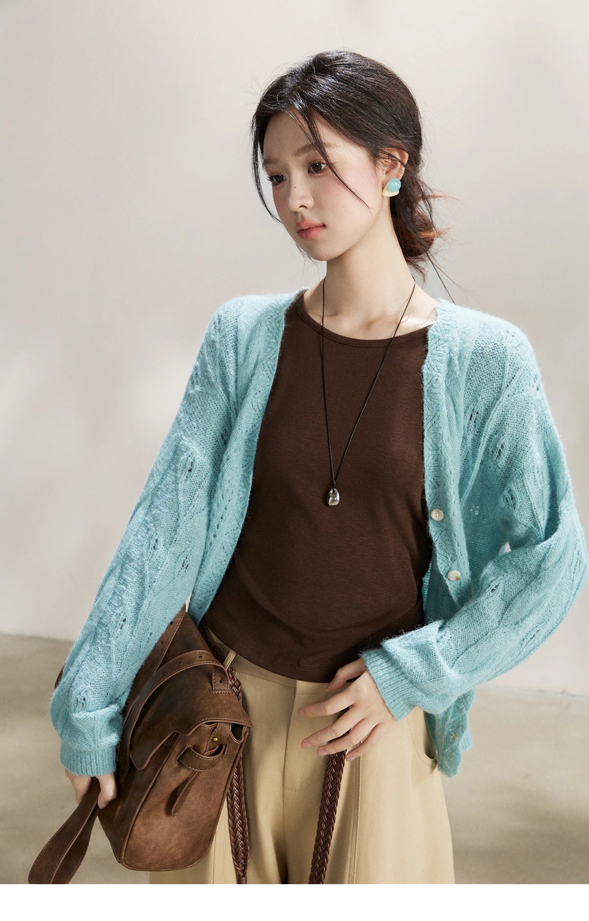 Mishow Blue Hollow Out V-Neck Wool Cardigan MXF13Z2975