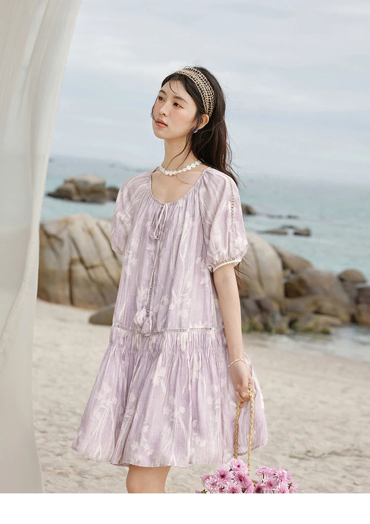 Mishow Print U-Neck Lace Hollow Chiffon Dress MXE32L2164