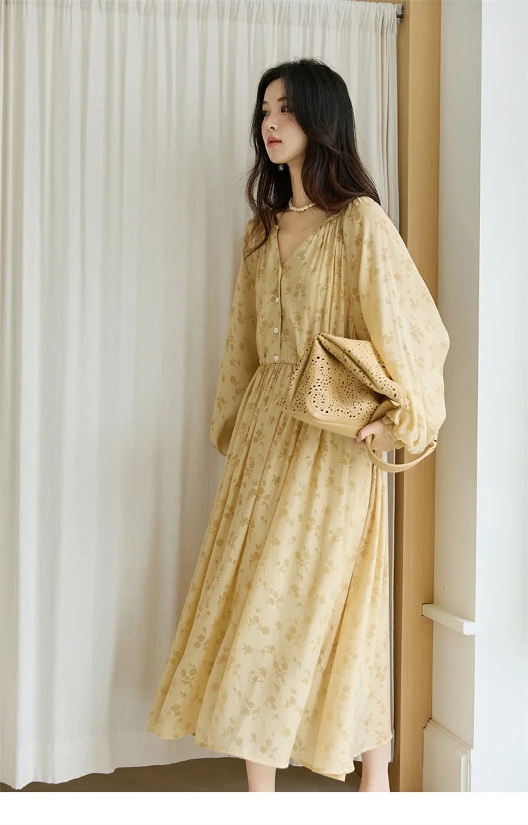 MISHOW Yellow Print Lace Lantern Sleeve Dress MXE47L2527