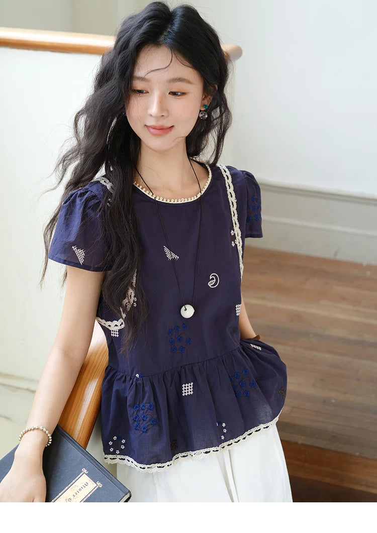 MISHOW O-Neck Spliced Lace Blouse Embroidery Flower MXE39X1965