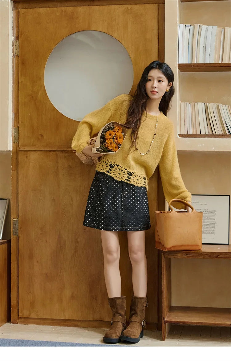Mishow French Hollow Out Floral O-Neck Sweater MXE44Z2491