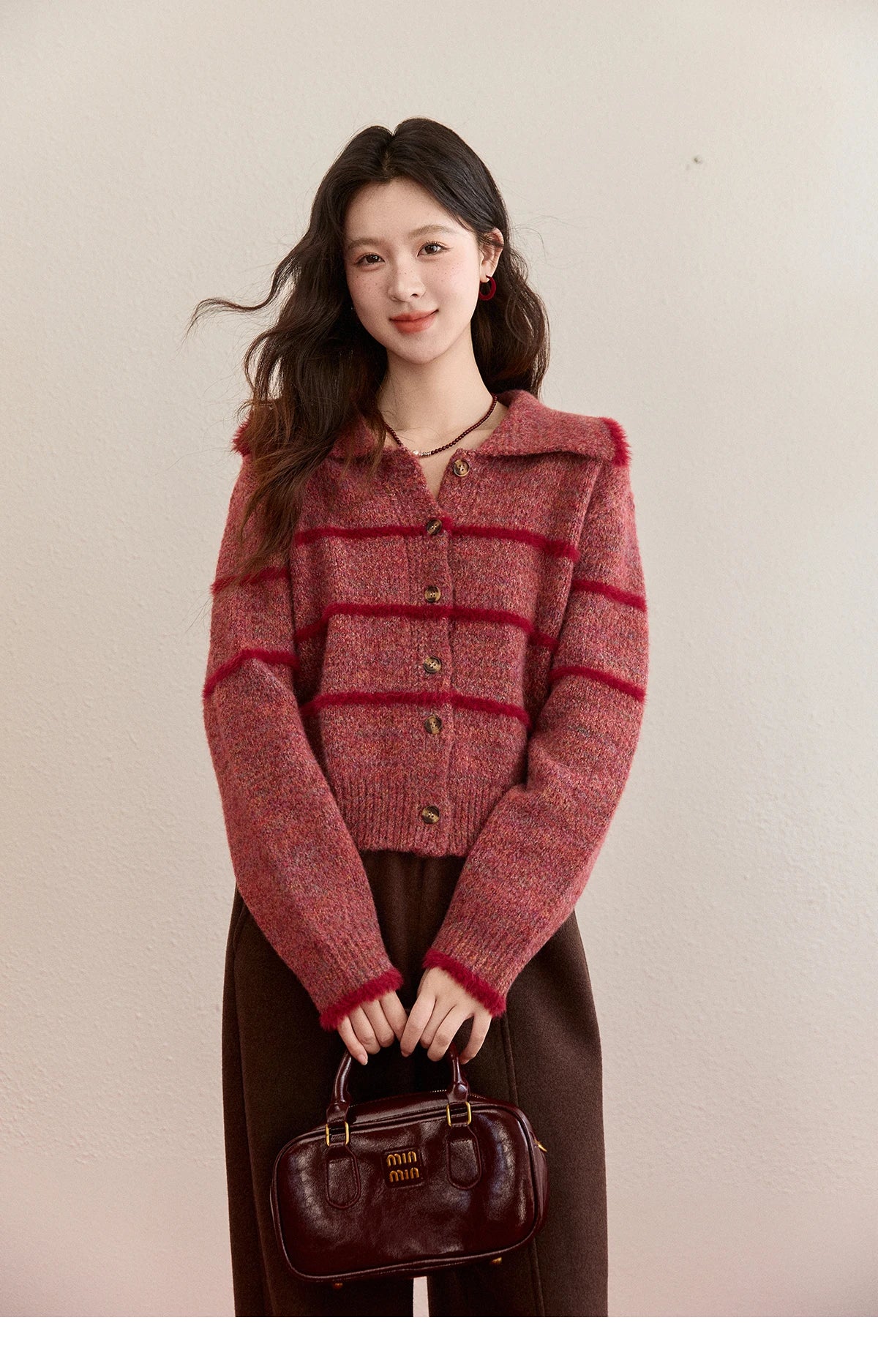 Mishow Red Striped Large Lapel Fleece Cardigan MXE94Z2888