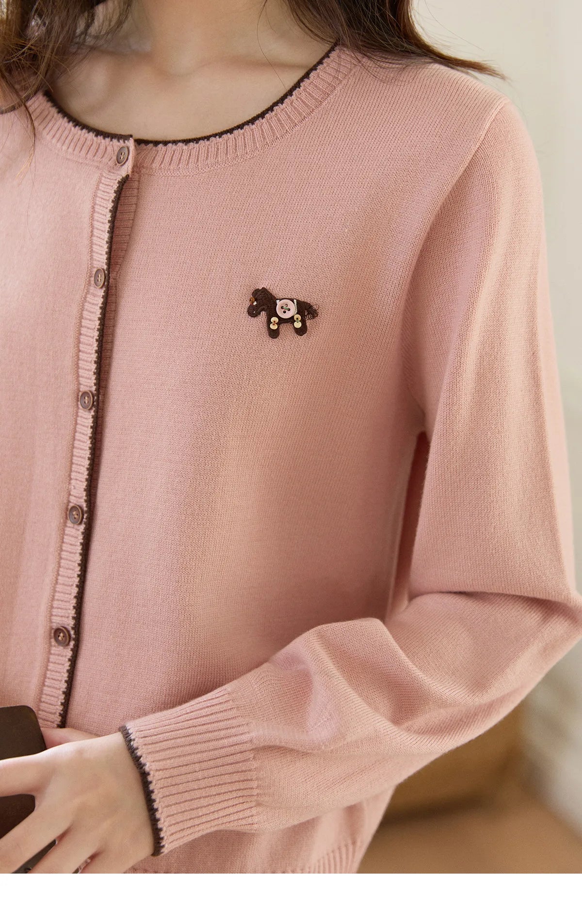 Mishow Pink Contrast Trim Pony Decoration Cardigan MXF108Z1023