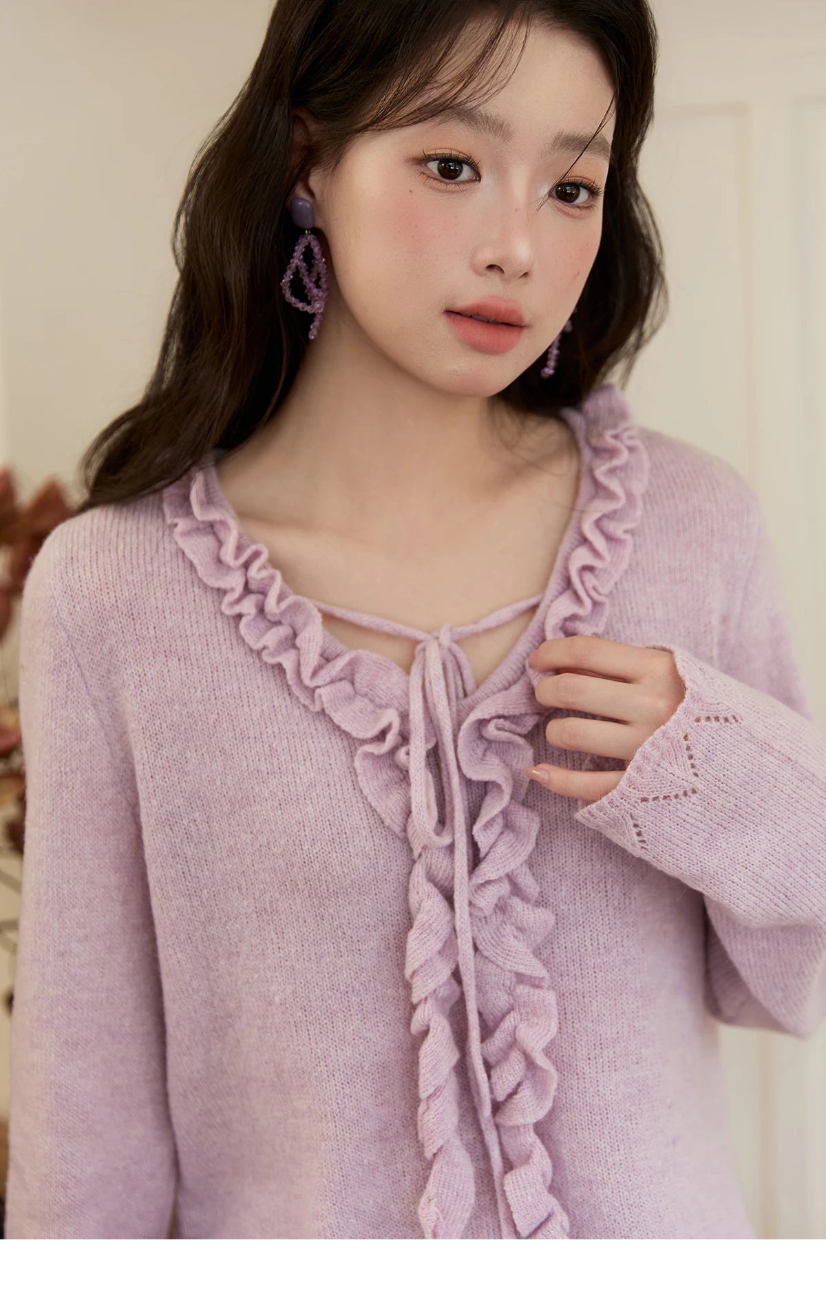 Mishow Beige V-Neck Wood Ear Hollow Sweater MXE51Z2595