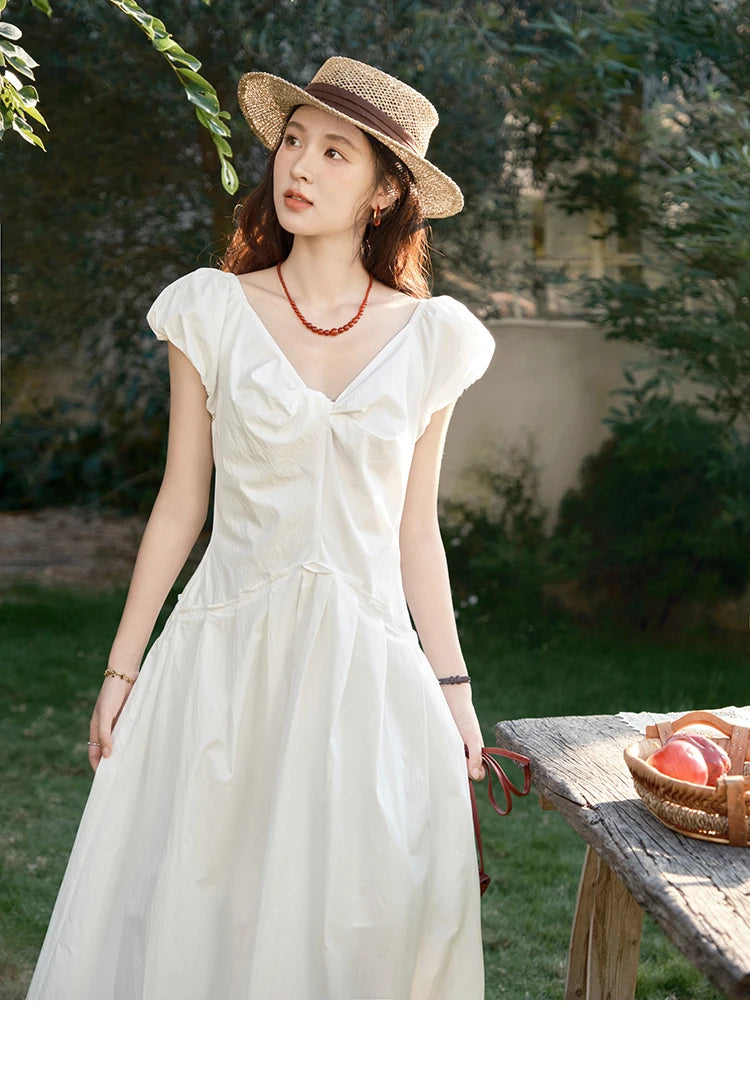 Mishow V-Neck Puff Sleeve Solid Vacation Dress MXE39L2384