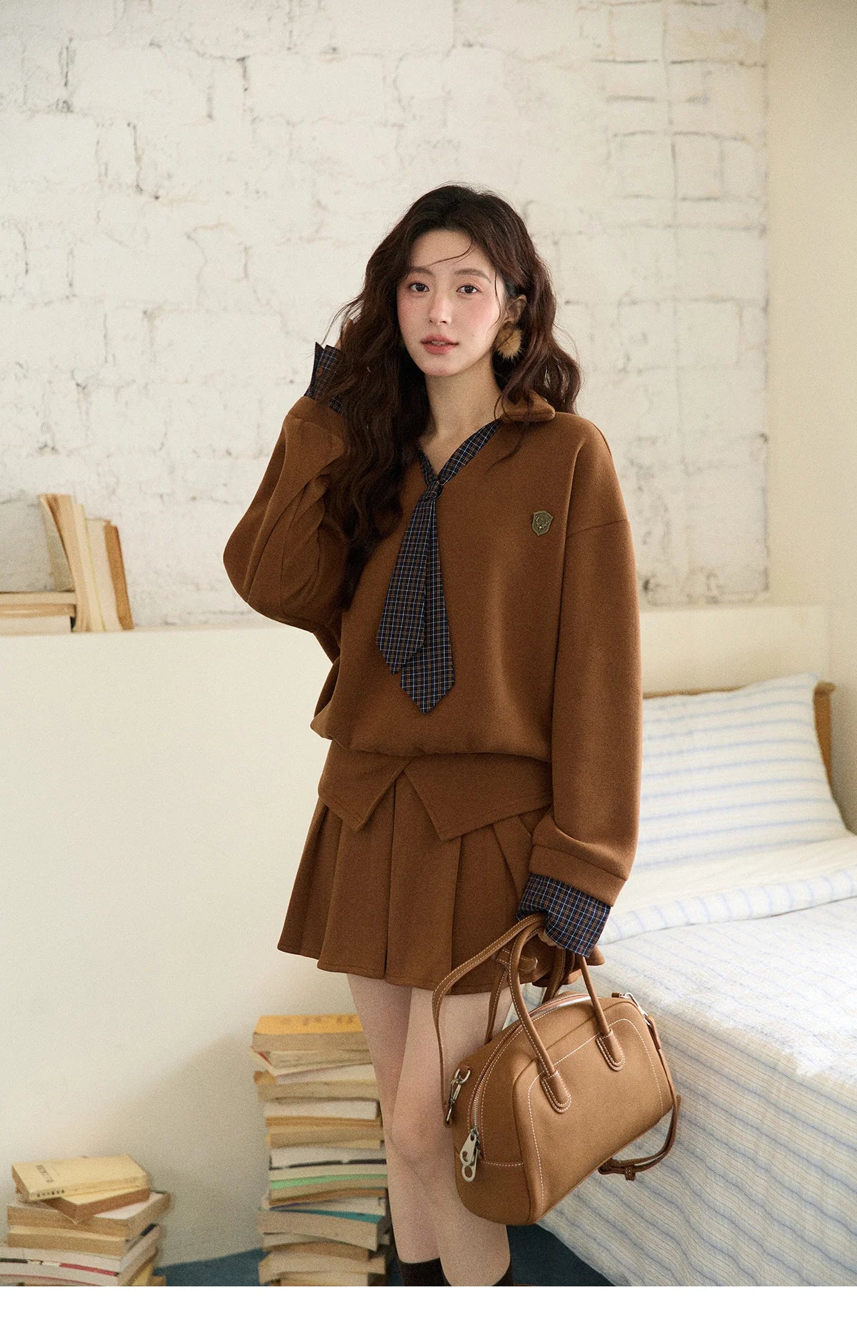 Mishow College Style Fake 2-Piece Sweatshirt & Pleated Skirt Set MXE86T1447