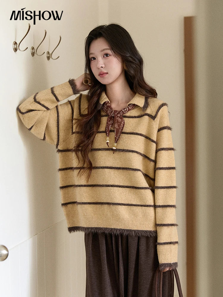 Mishow Faux Mink Fur Striped Lapel Tassel Sweater MXE93Z2945