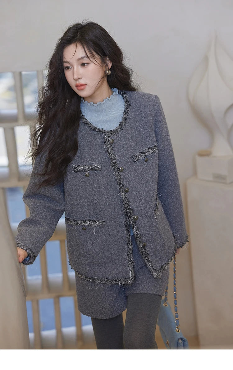 Mishow Plaid Tweed Jacket & Solid Shorts Set MXD35W0489