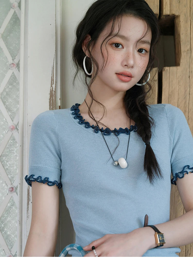 Mishow Round Neck Ear Edge Short Sleeve Tee MXE32Z1233