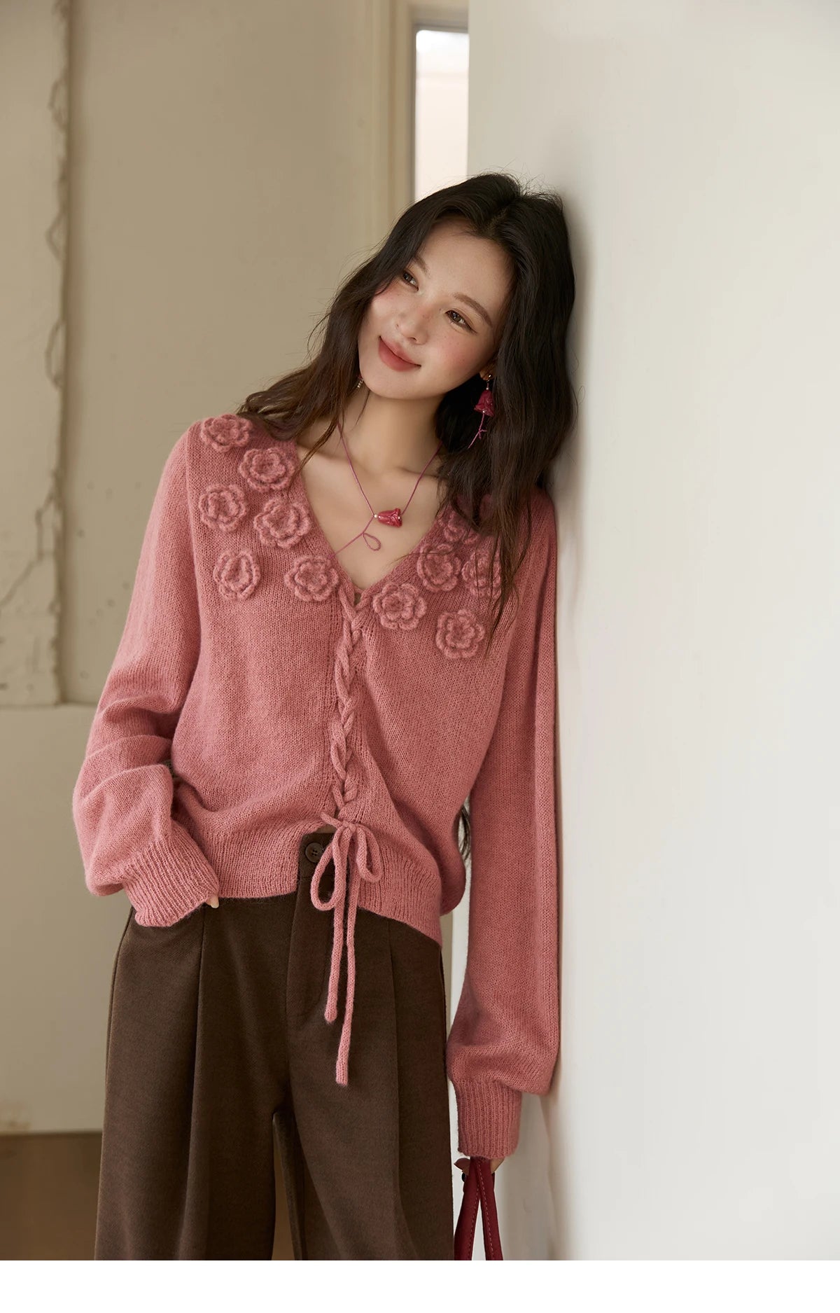 Mishow Pink 3D Rose V-Neck Loose Pullover MXE88Z2708
