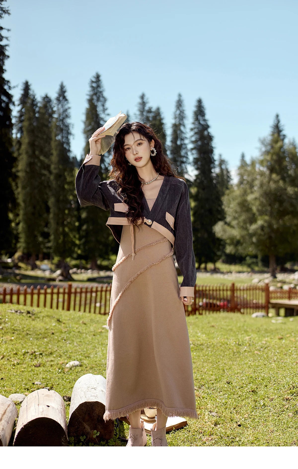 Mishow Chenille Coat & Square Neck Tassel Dress Set MXD43L2041