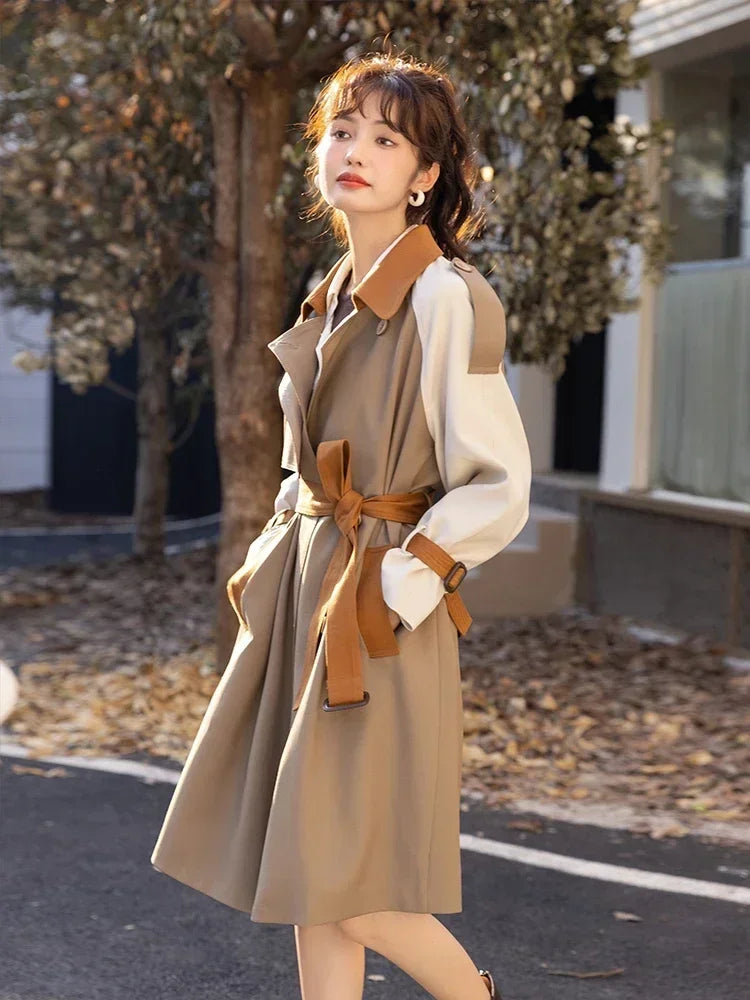 Mishow Khaki Contrast Color Spliced Trench Coat MXB31W0367