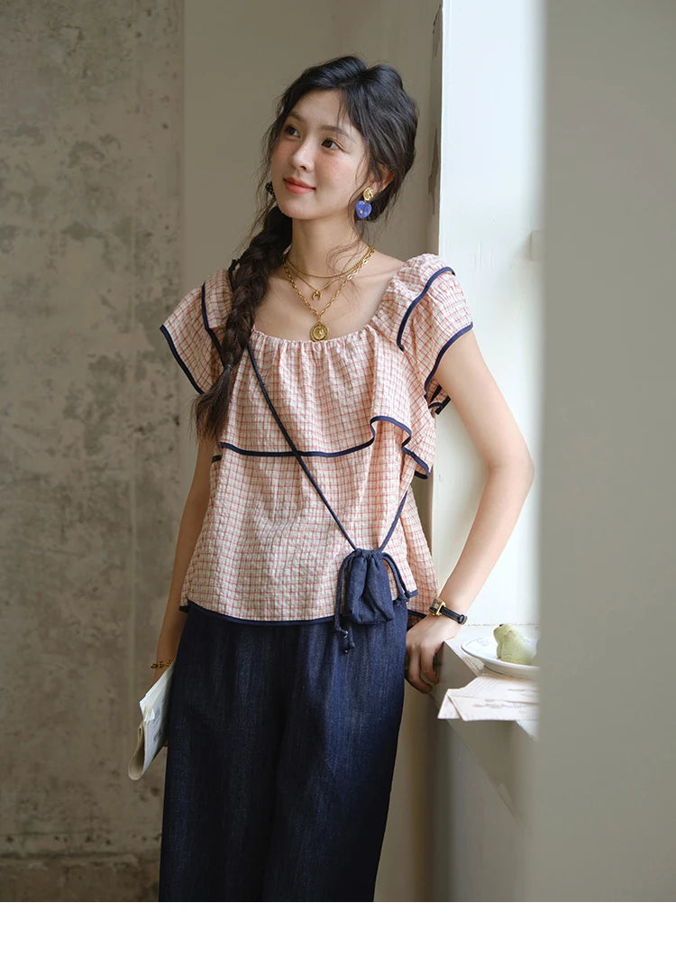 Mishow Square Neck Ruffles Plaid Blouse & High Waist Wide Leg Pants Set MXE36T0636