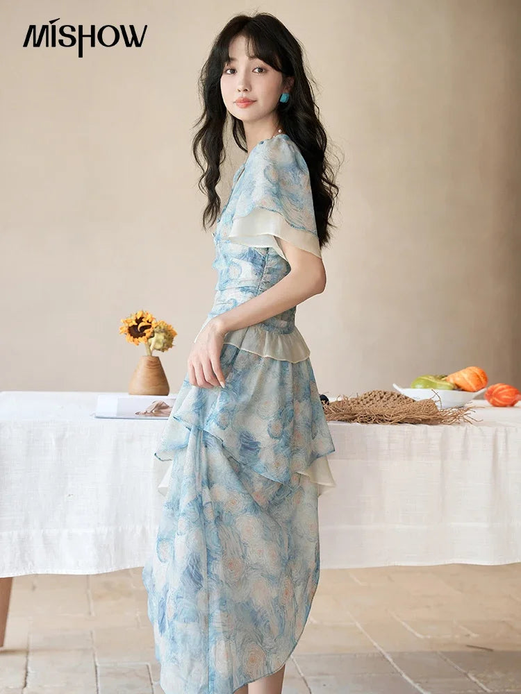 Mishow Van Gogh Double Layer Sleeve Asymmetrical Dress MXC39L1527
