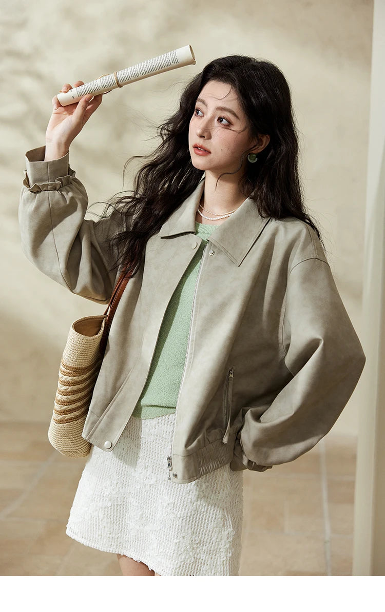 MISHOW Minimalist Short Jacket Lapel Zipper Elastic Hem MXE13W0715