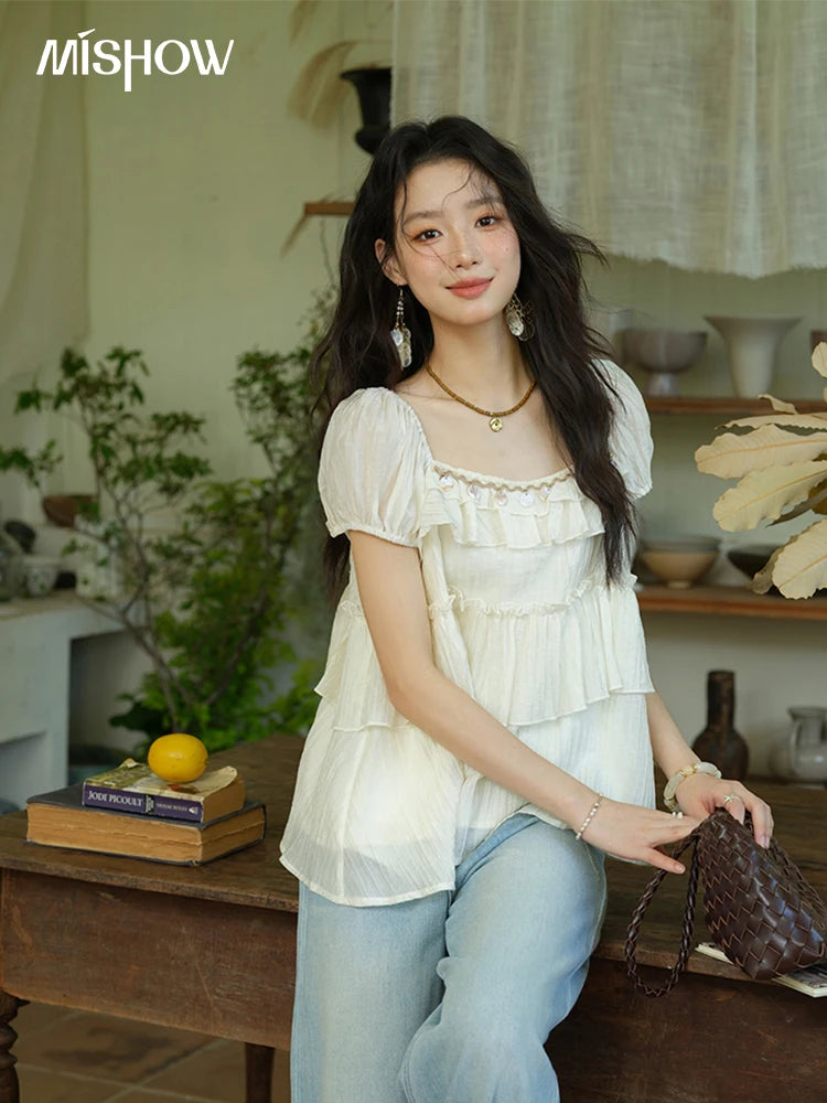 MISHOW French Square Collar Blouse Cake Ribbon Short Sleeve MXE33X1763