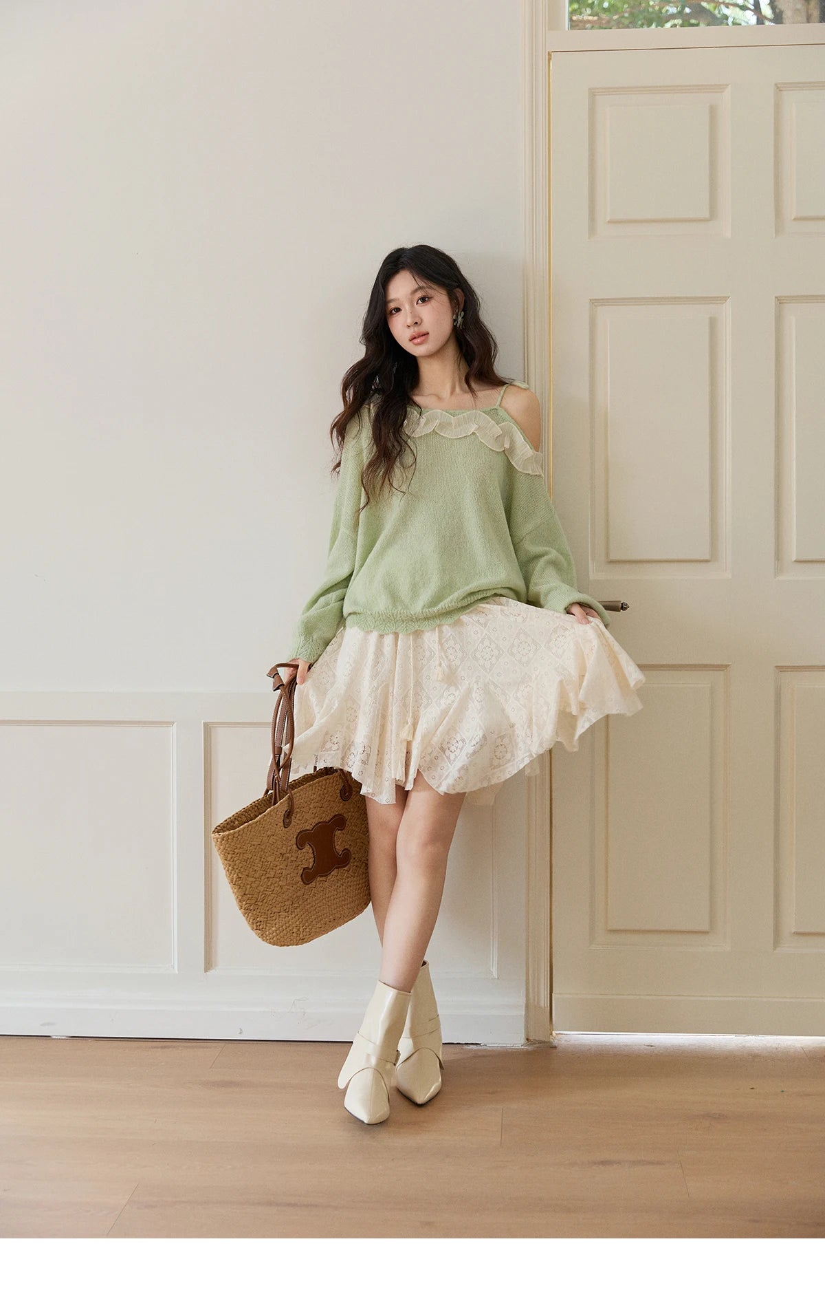 Mishow Light Green Asymmetrical Exposed Shoulder Top MXF108Z1027