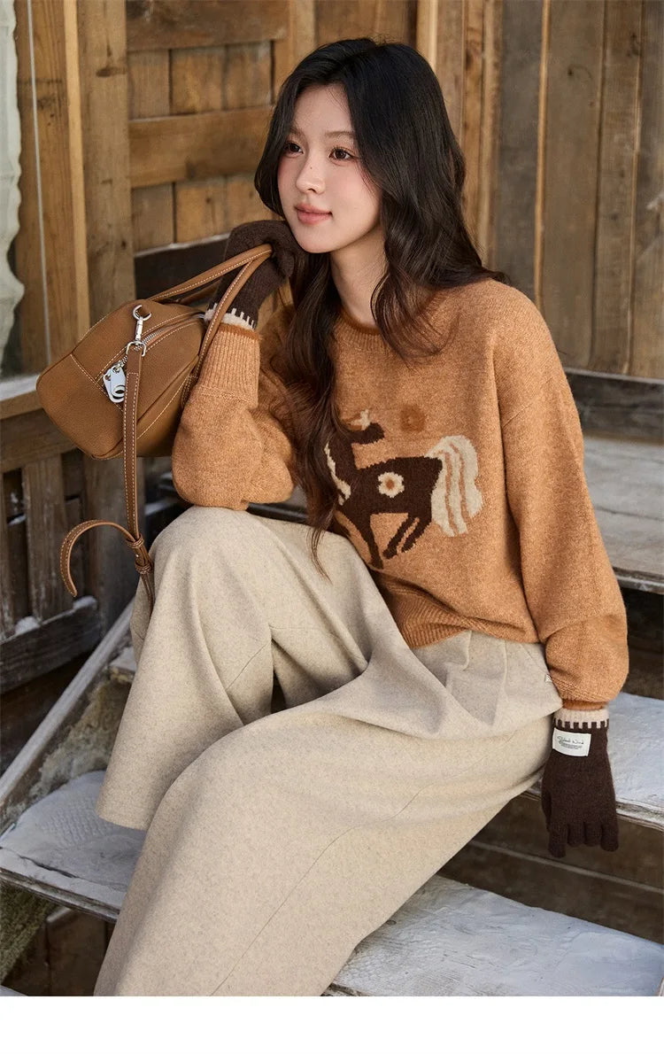 Mishow Horse Pattern Faux Mink Fur Cuff Sweater MXE94Z2863
