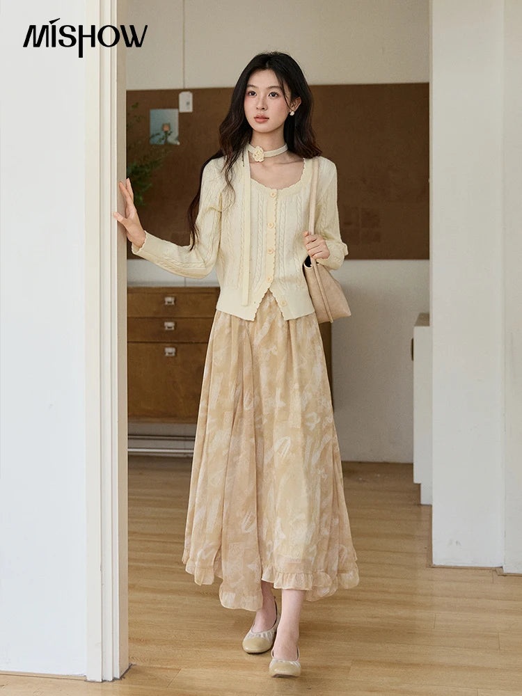 Mishow Beige Cable Knit Square Neck Cardigan MXF11Z2903