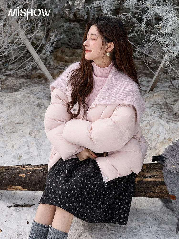 Mishow Pink Woolen Lapel Short Down Jacket MXE92Y0089