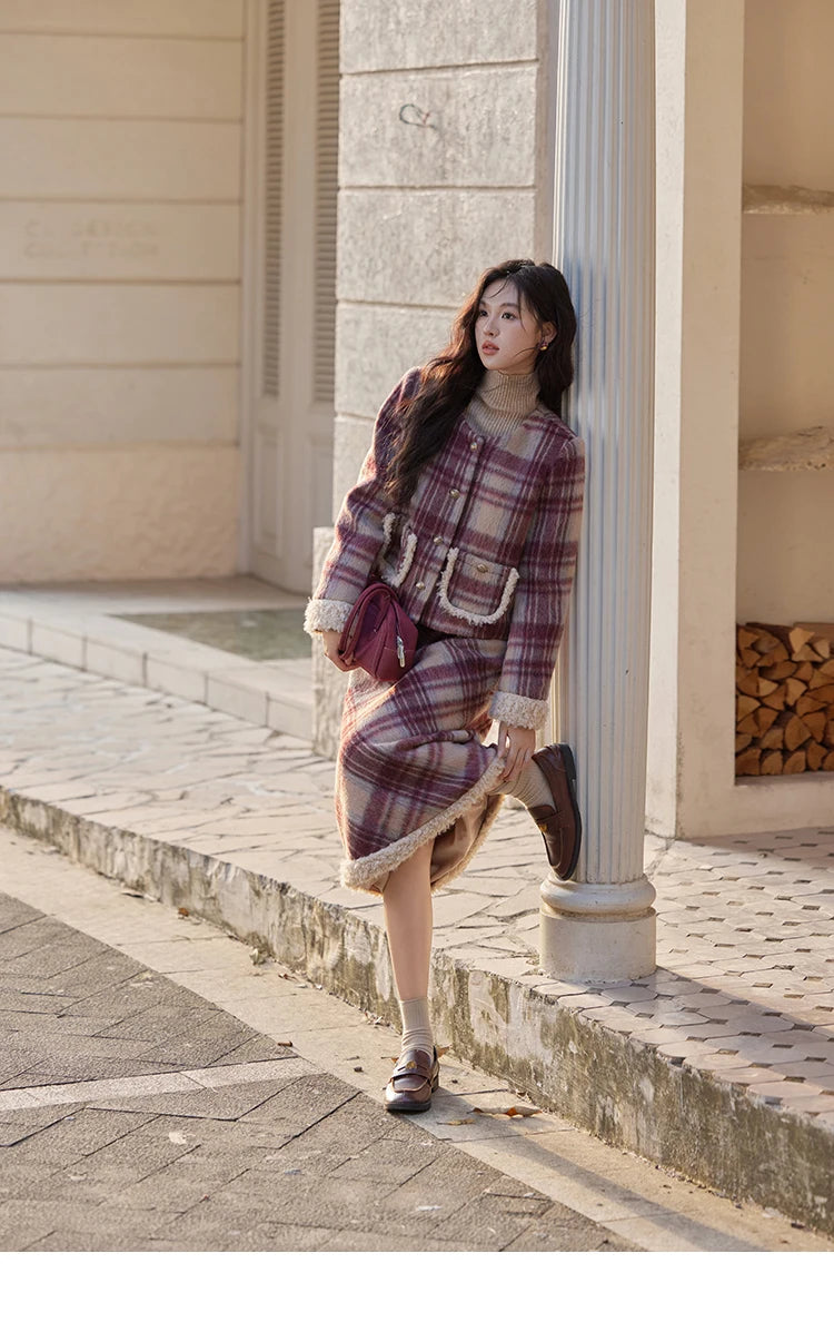 Mishow Plaid Tweed Jacket & Midi Skirt Set MXD54W0562