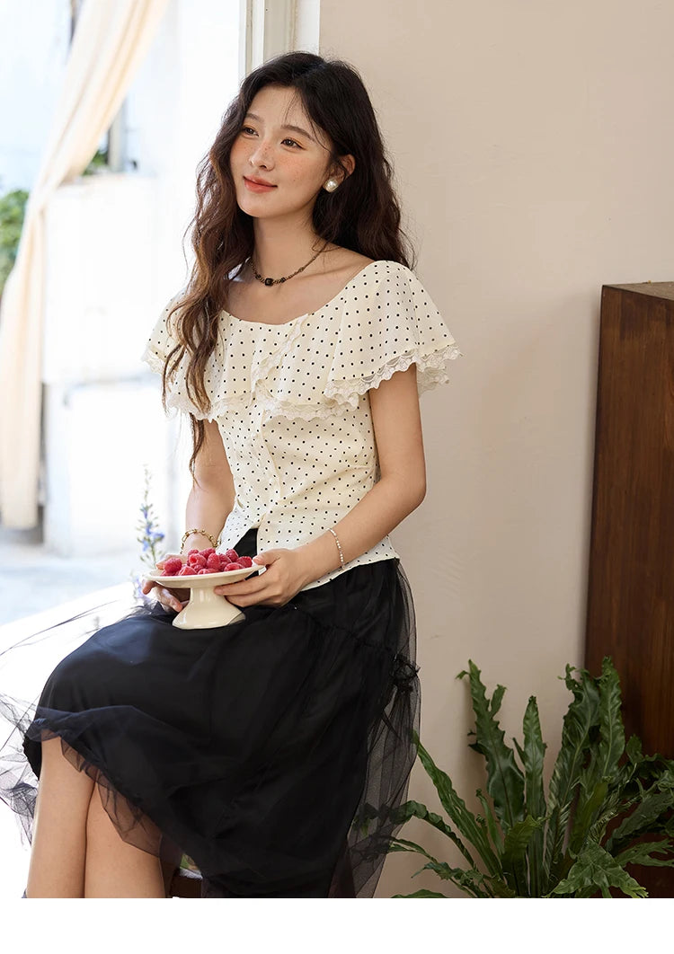 MISHOW Apricot Polka Dot Shirt Ruffle Edge Patchwork Lace MXE34X1783