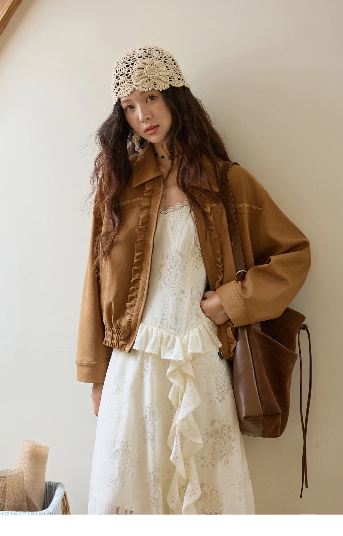 MISHOW Brown Suede Short Coat Fungus Edge Pleating Lapel Zipper MXE43W0803