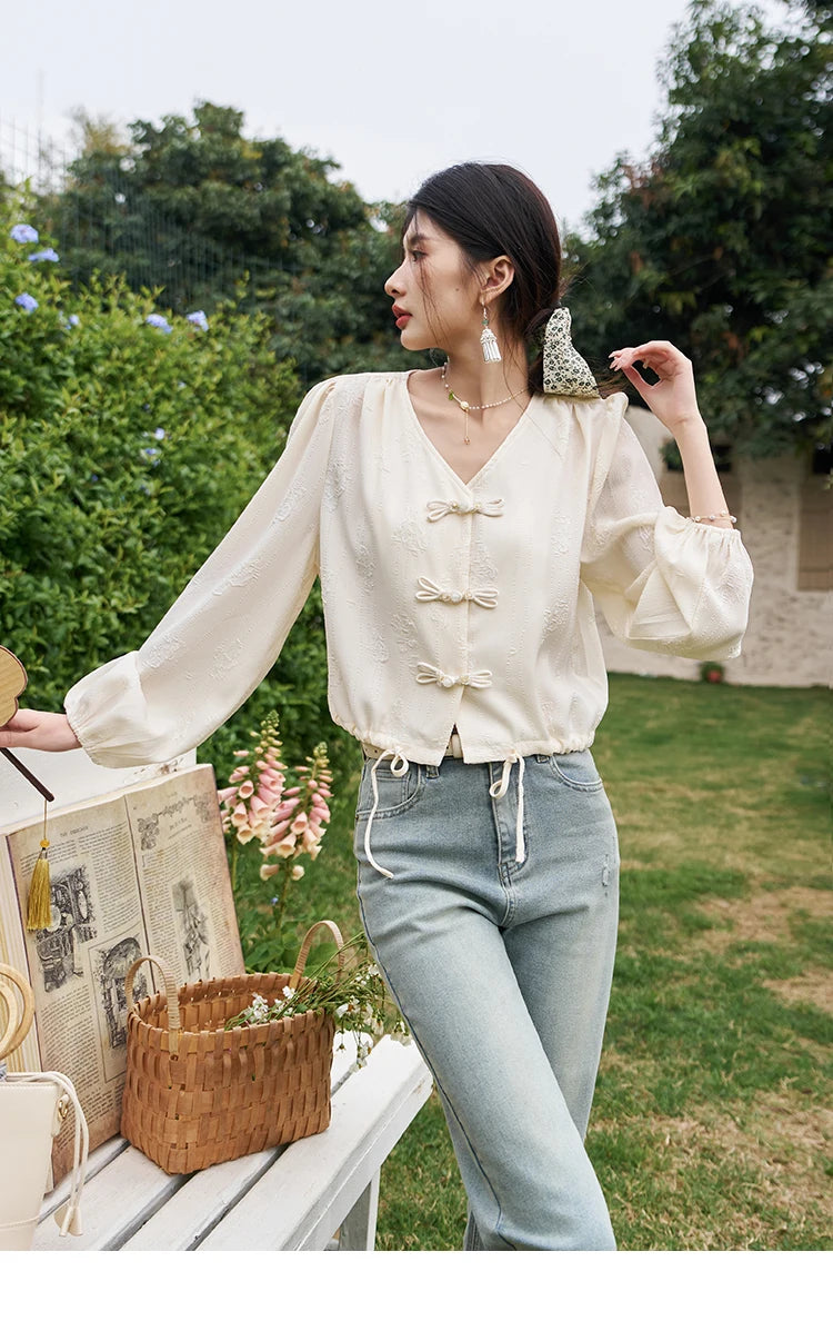MISHOW Chinese Button Up Shirt Jacquard Drawstring Puff Sleeve MXD14X1386