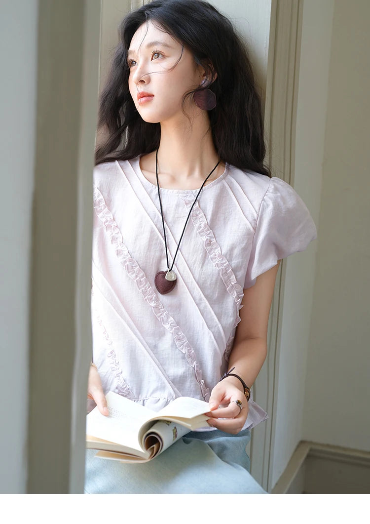 MISHOW Fungus Edge Puff Sleeve Blouse O-Neck Loose MXE39X1941