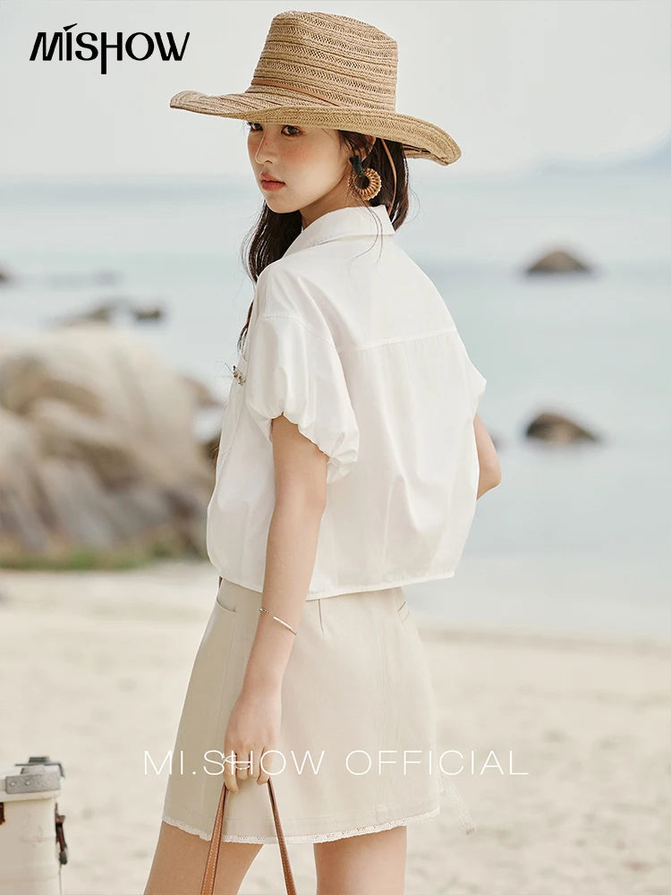 MISHOW Short Puff Sleeve Blouse Turn Down Collar Shell Ribbon MXE33C0773