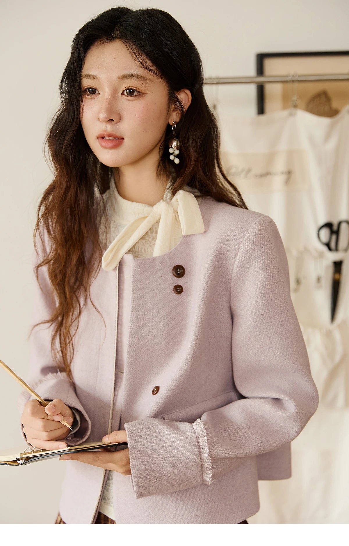 MISHOW Purple Woolen Coat Slanted Placket Splicing Lace Shoulder Pads MXE47W0840