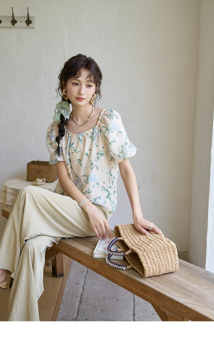 MISHOW Floral Hollow Blouse Square Collar Puff Sleeve MXD29X1602