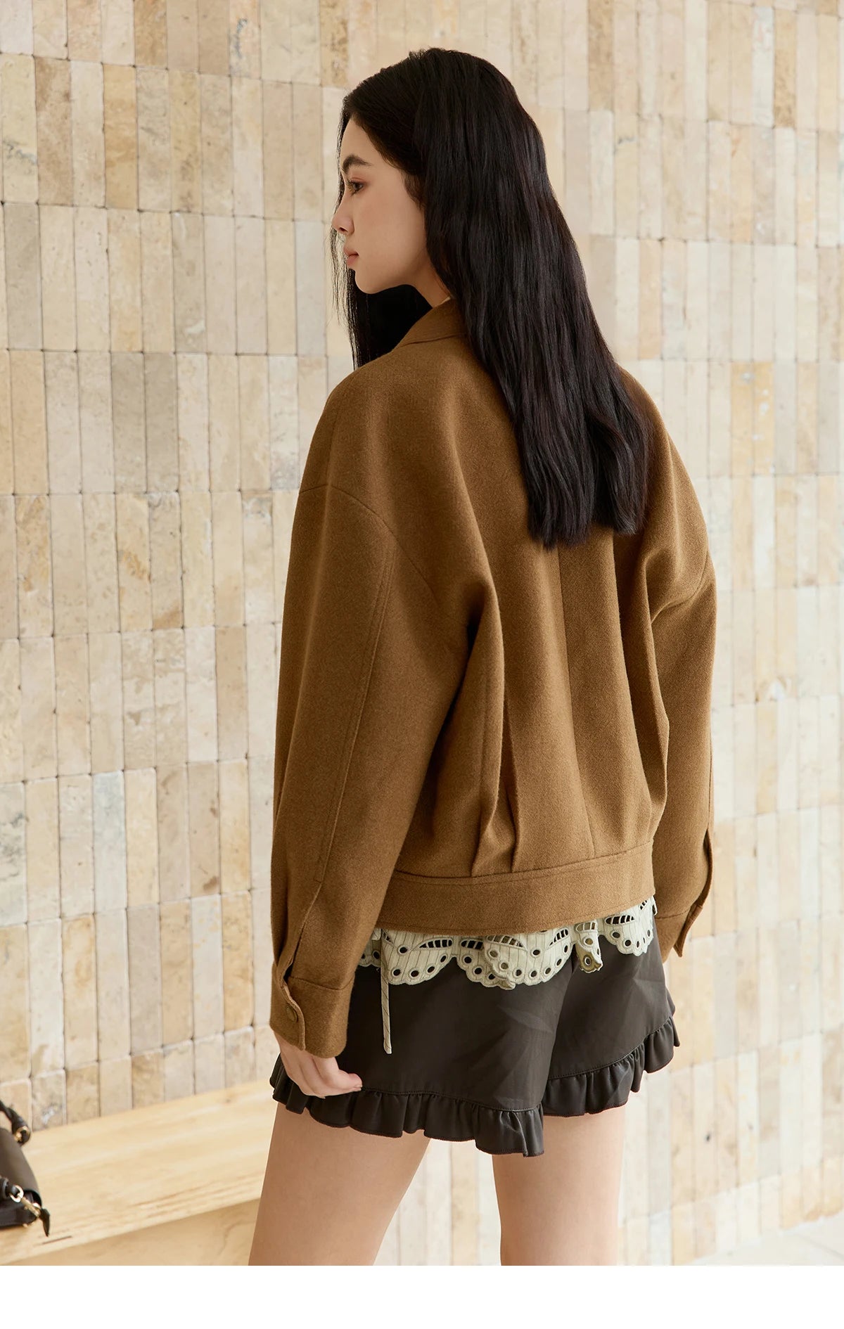 Mishow Brown Hollow Out Embroidery Woolen Coat MXE49W0856