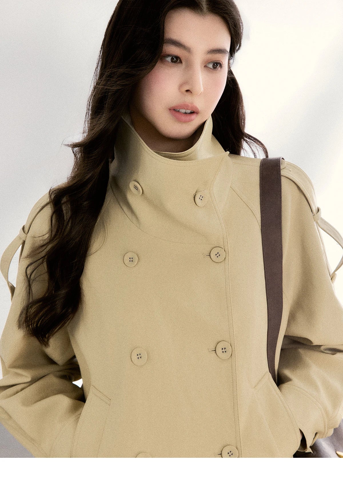MISHOW Khaki Cropped Leather Jacket Lapel Stand Collar MXF108W1000