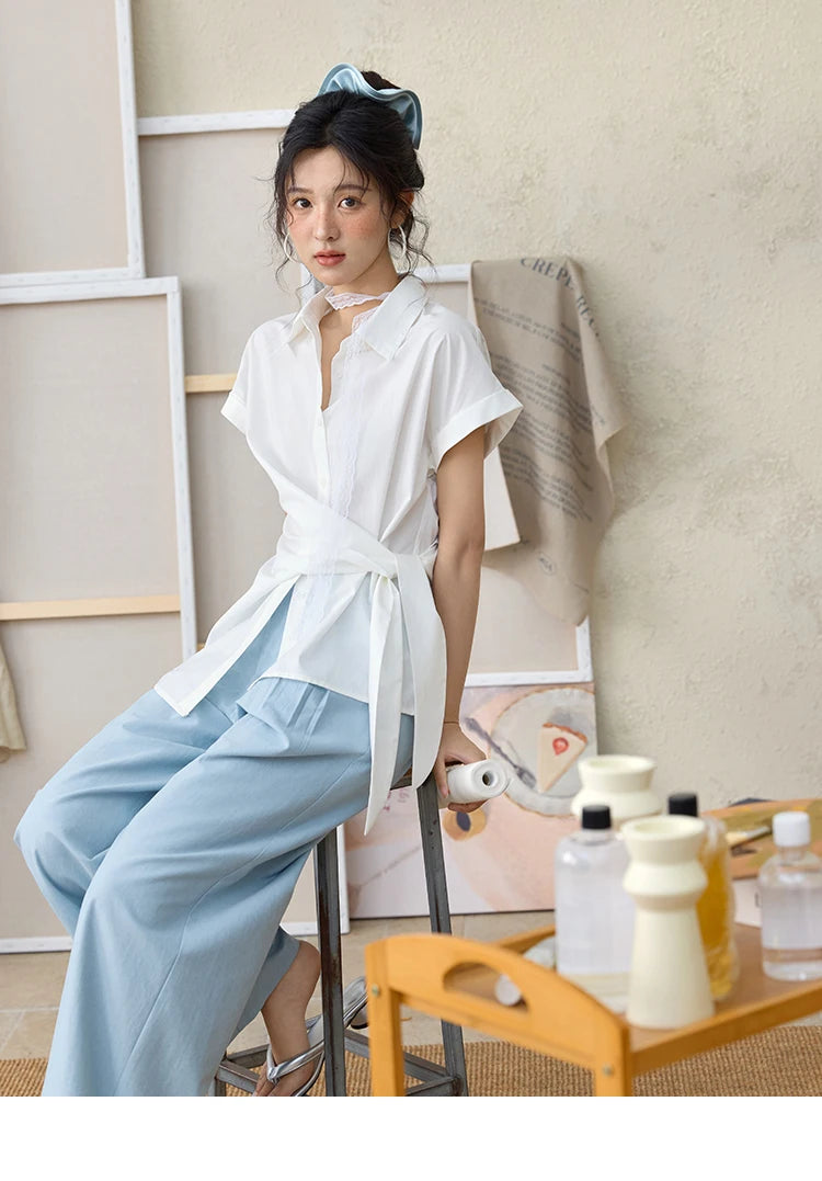 MISHOW Sea Salt Blue Wide Leg Pants Contrasting Bead Belt MXE35K0931