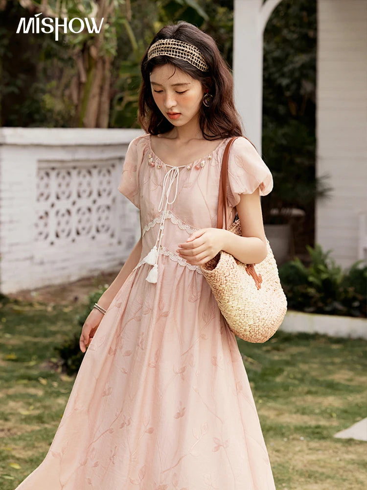 Mishow Print Beaded Neckline Puff Sleeve Dress MXE33L2208