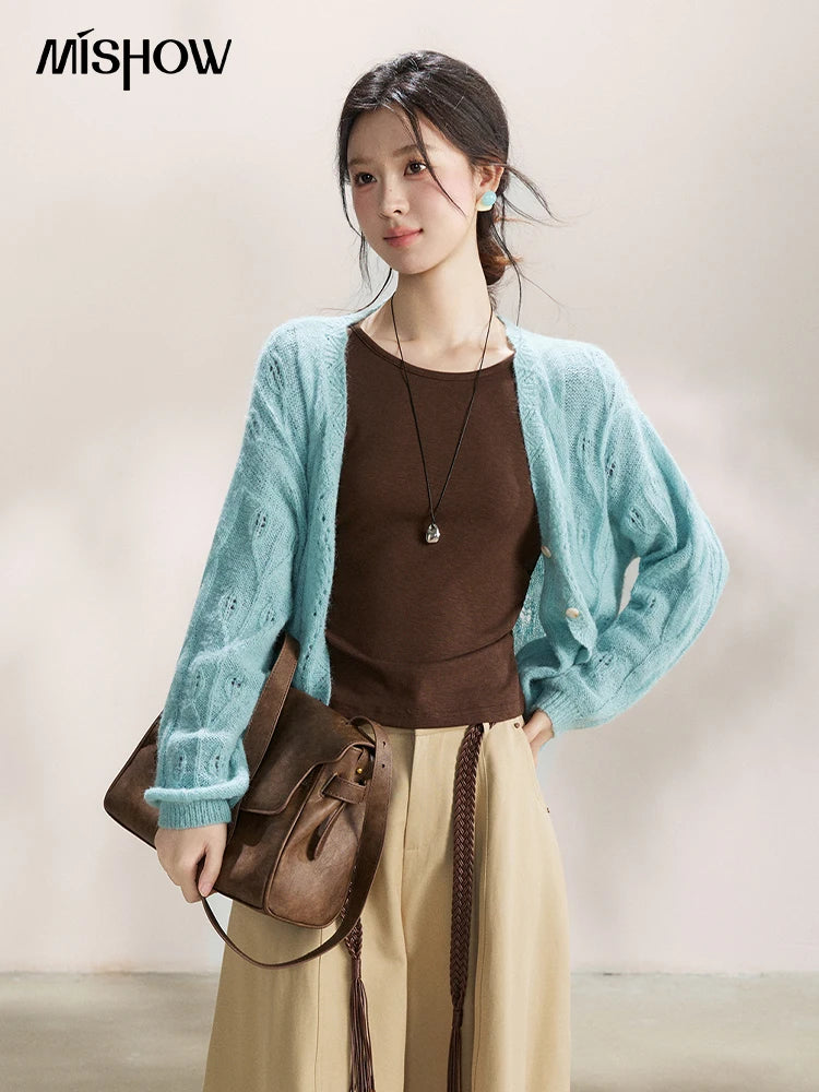 Mishow Blue Hollow Out V-Neck Wool Cardigan MXF13Z2975