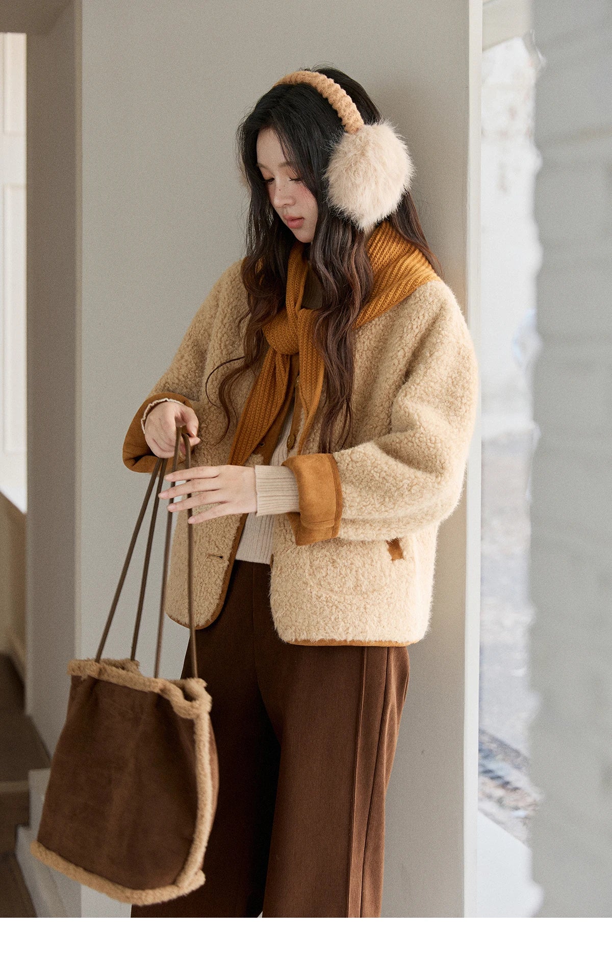 Mishow Lamb Wool Jacket with Color Block Knitted Shawl MXE91W0969