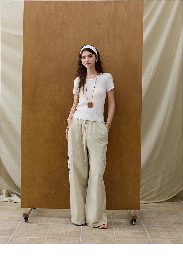 MISHOW Apricot Cargo Pants Lace Patchwork Drawstring Elastic MXE33K0935
