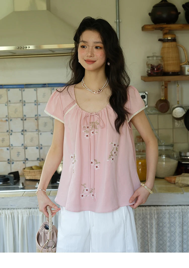 MISHOW Embroidery Flower Blouse O-Neck Lace Up Flying Sleeve MXE39X1880