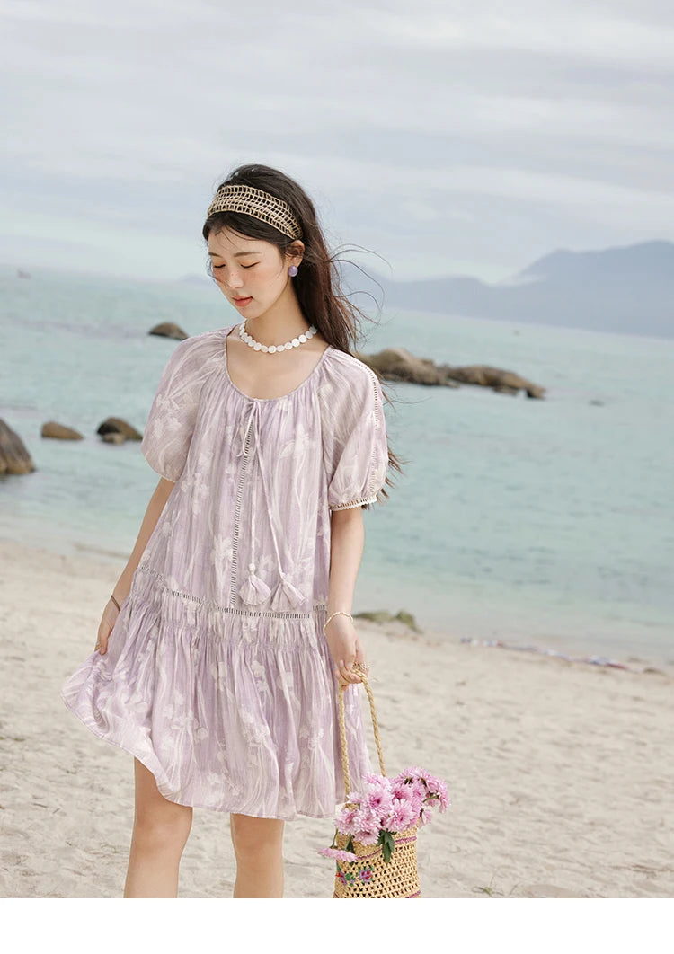 Mishow Print U-Neck Lace Hollow Chiffon Dress MXE32L2164