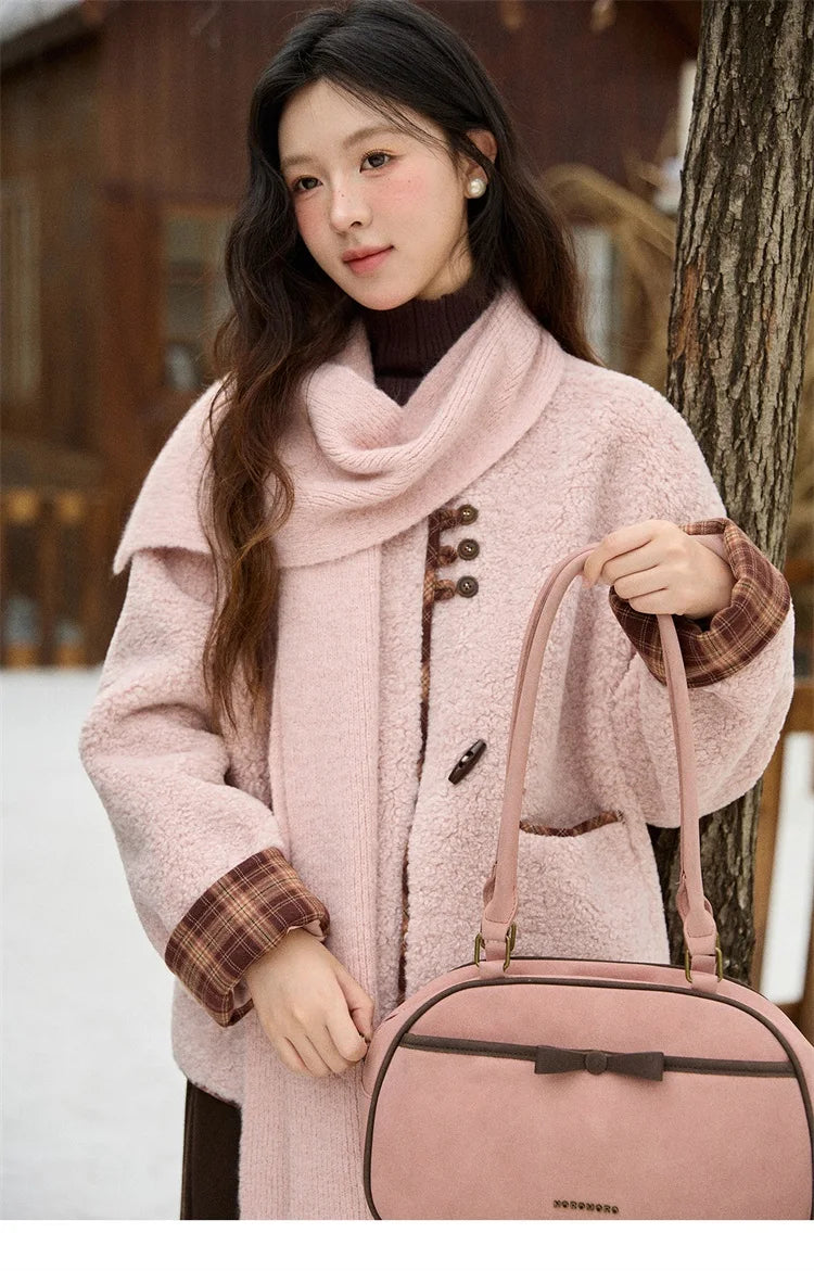 Mishow Plaid Patchwork Lamb Wool Round Neck Coat MXE90W0923